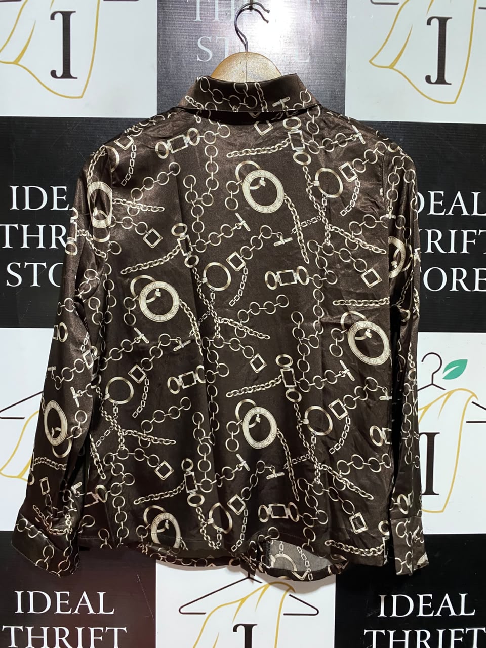 |L| BUST 19| B49| LUXURIOUS CHOCOLATE BROWN SATIN BUTTON-DOWN BLOUSE WITH VINTAGE GOLD CHAIN PRINT