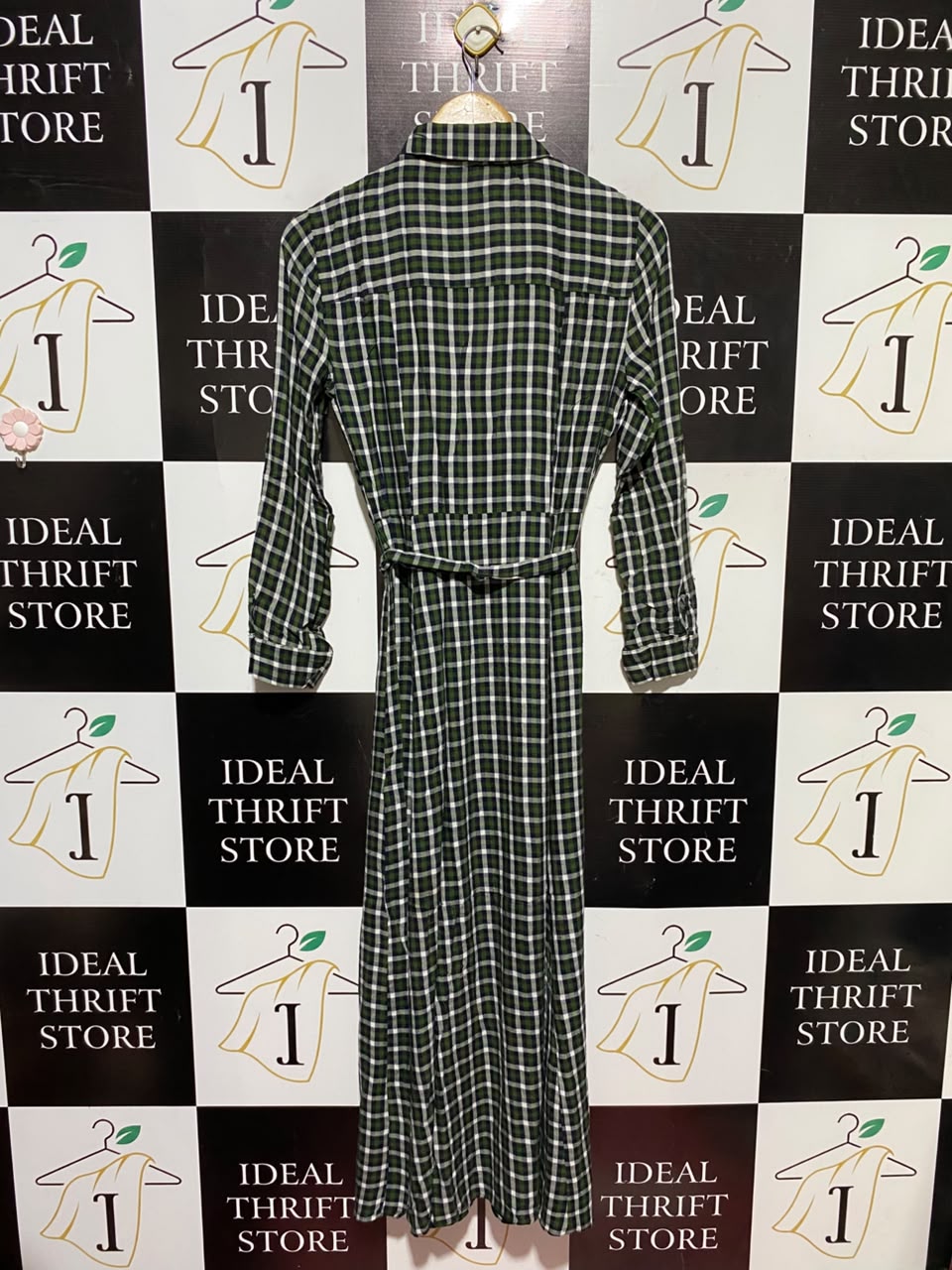 ZARA WOMAN |XS| BUST 17| B49| GREEN AND BLACK CHECKERED BUTTON-DOWN MAXI SHIRT DRESS WITH POCKETS