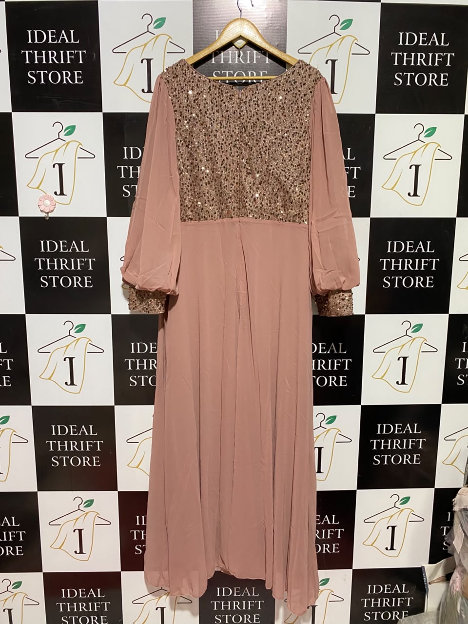 SUPGIR |XL| BUST 22| B49| DUSTY ROSE CHIFFON MAXI GOWN WITH GOLD SEQUIN BODICE AND BALLOON SLEEVES