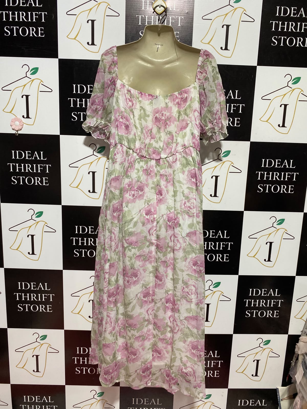 SHEIN CURVE |XL| BUST 20| A1| FREE PEOPLE "FREE-EST" PINK & GREEN FLORAL PUFF SLEEVE MIDI DRESS