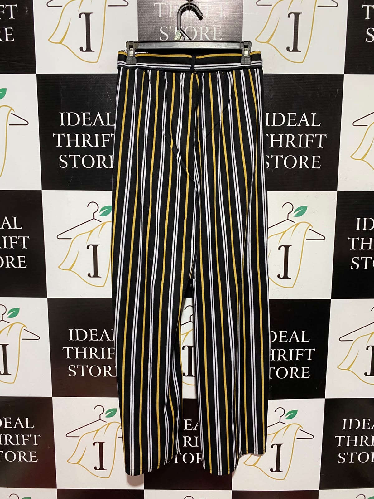 |S/M| WAIST 27| B50| BLACK YELLOW AND WHITE STRIPED TIE-WAIST WIDE-LEG PANTS