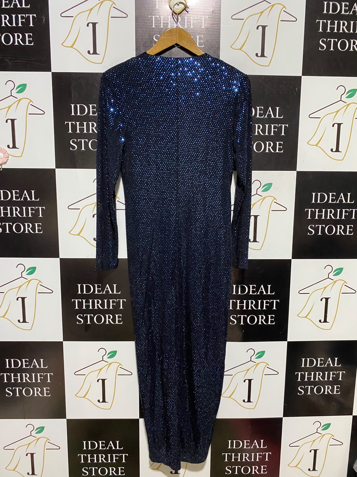 |M| BUST 17| A1| NAVY BLUE SEQUIN WRAP MIDI DRESS GLITTER LONG SLEEVE RUCHE PARTY DRESS