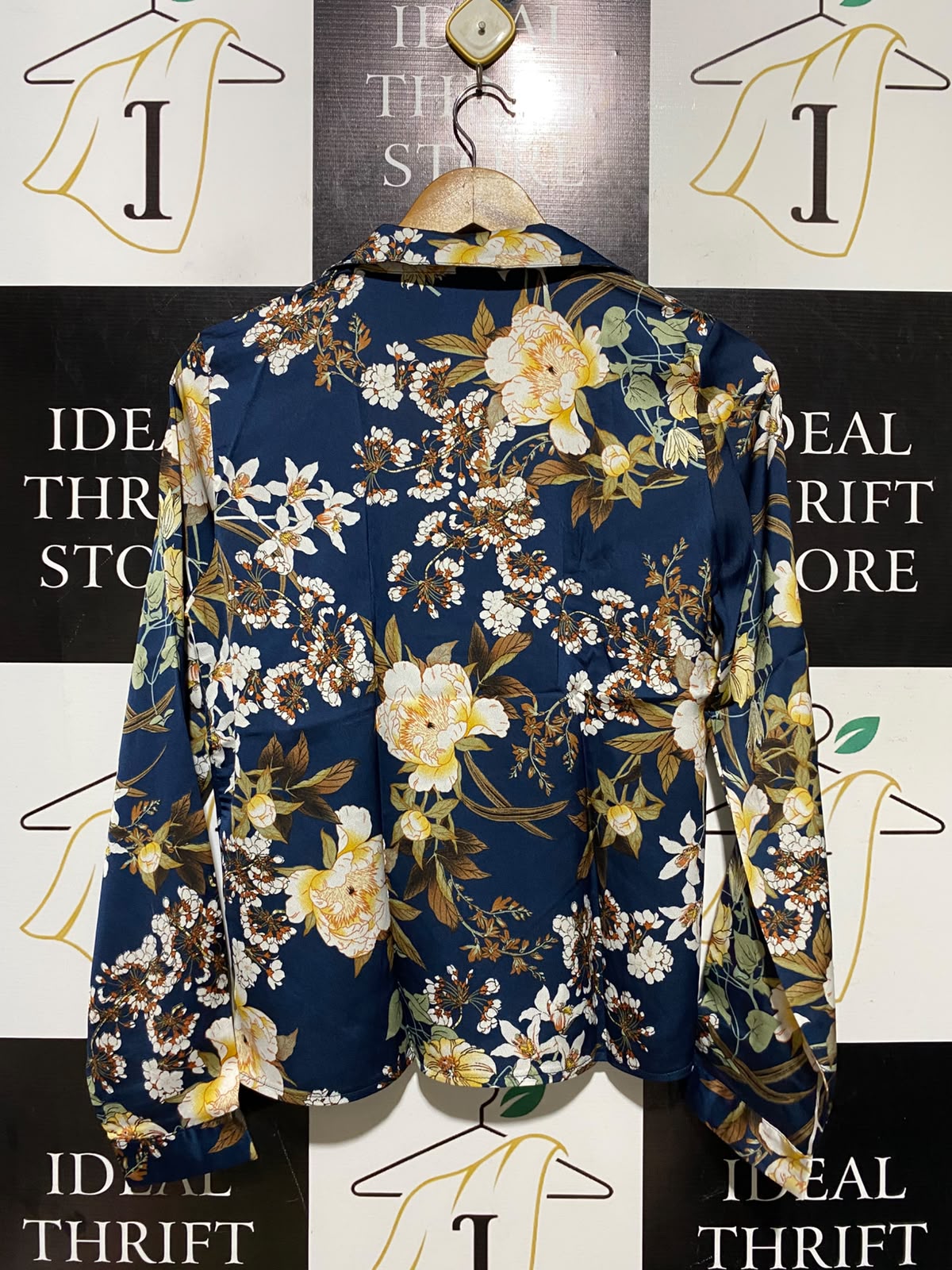 BOOHOO |M| BUST 18| A1| NAVY BLUE SATIN FLORAL WRAP BLOUSE LONG SLEEVE COLLARED TOP