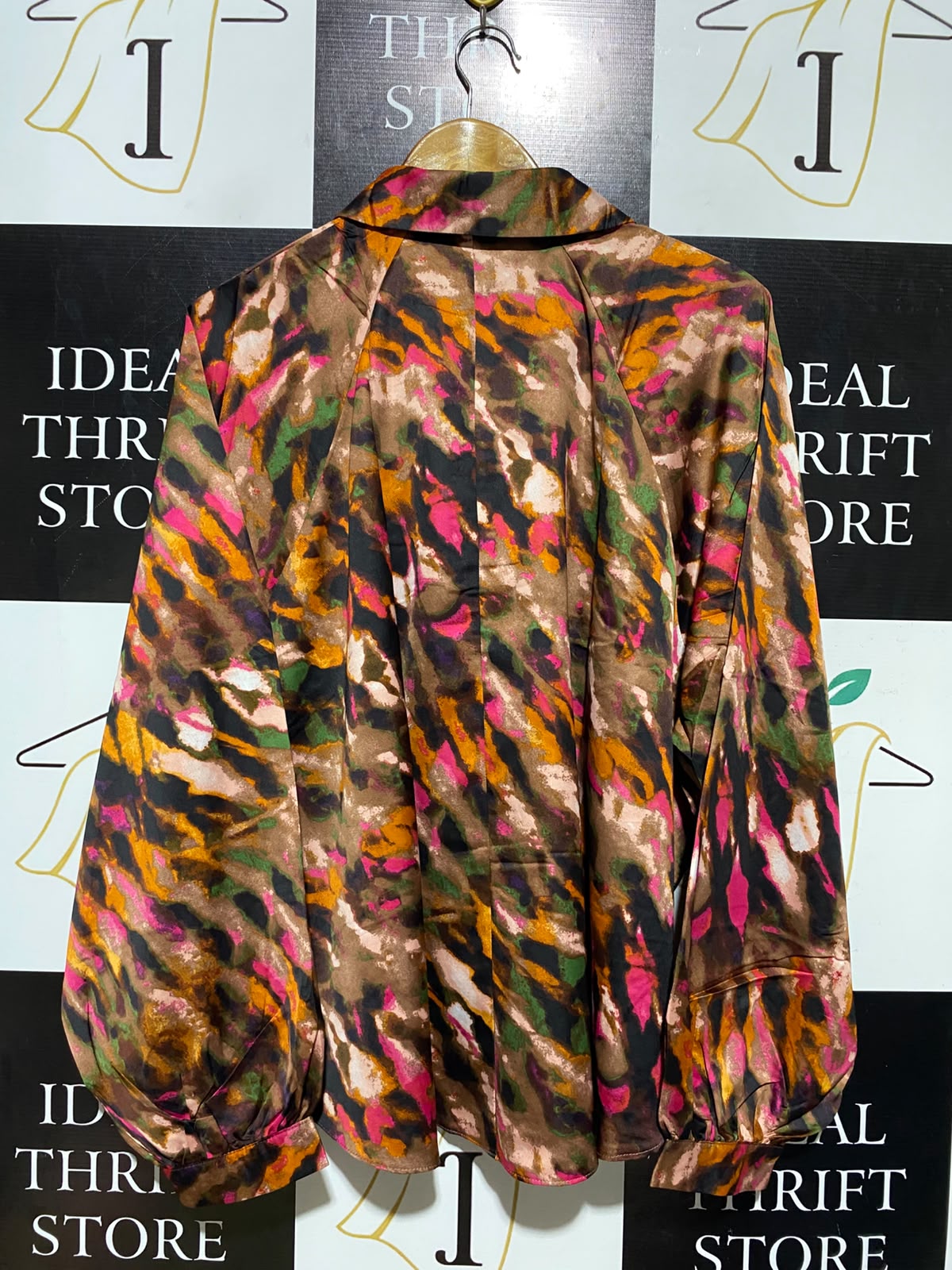 GEORGE |XL| BUST 28| A1| MULTICOLOR ABSTRACT SATIN BLOUSE COLLARED SPLIT V-NECK LONG SLEEVE TOP