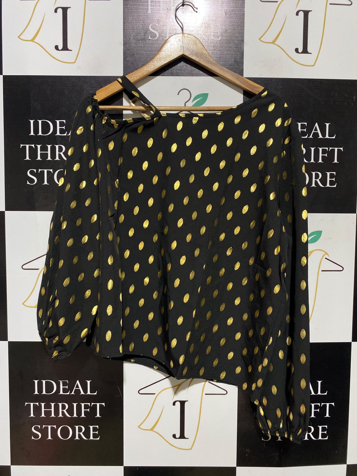 |L| BUST 22| A1| BLACK AND GOLD METALLIC FOIL DOT ASYMMETRICAL ONE-SHOULDER LONG SLEEVE BLOUSE WITH CHAIN LINK STRAP