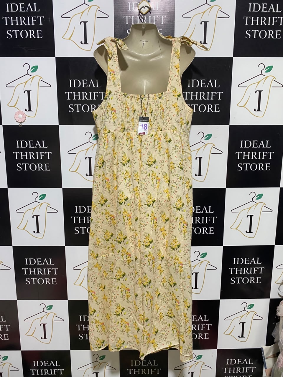 PRIMARK |L| BUST 20| A1| YELLOW FLORAL PRINT V-NECK MAXI DRESS WITH TIE-SHOULDER STRAPS