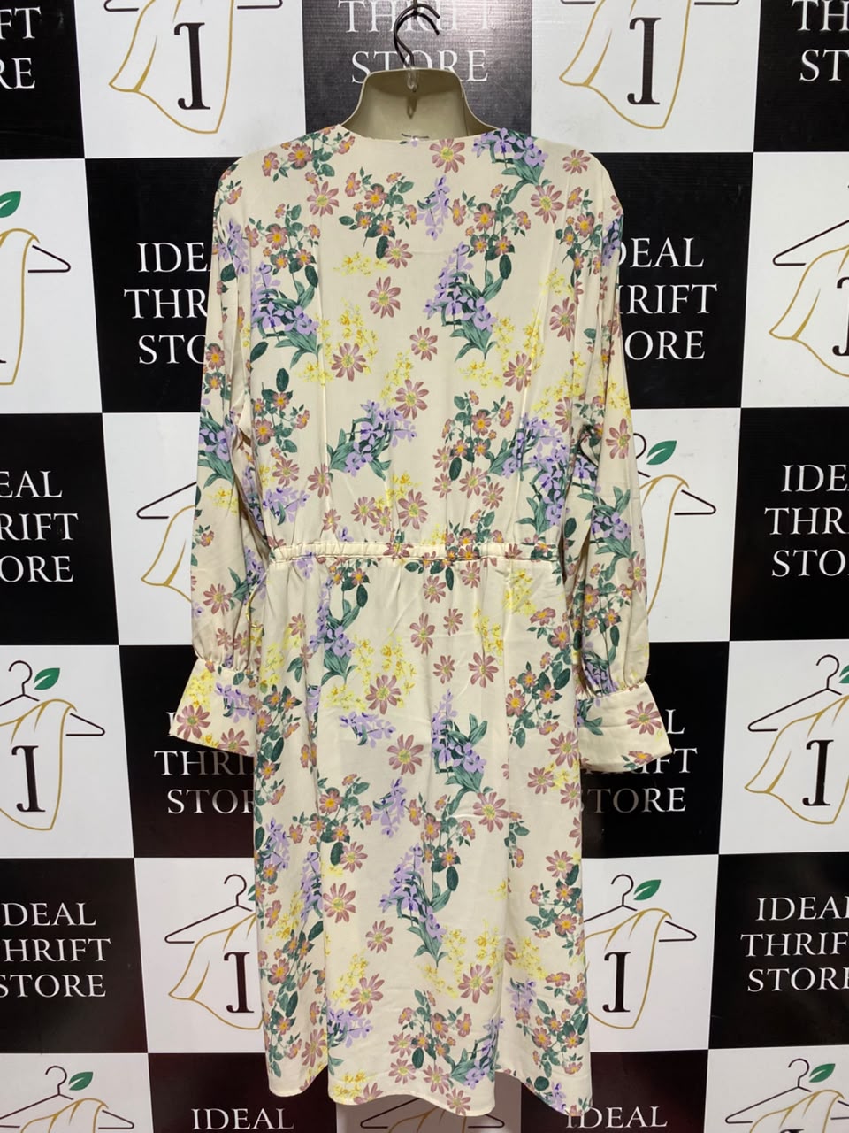 PDI |XL| BUST 22| A1| CREAM MULTICOLOR PASTEL FLORAL PRINT LONG SLEEVE MIDI DRESS WITH TIE-WAIST