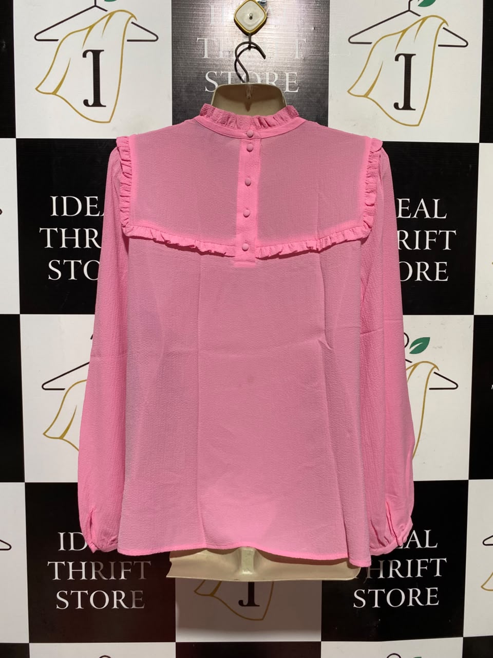 M&S |M| BUST 19| A1| CHIC BUBBLEGUM PINK SMOCKED BIB BLOUSE WITH RUFFLE TRIM AND LONG SLEEVES