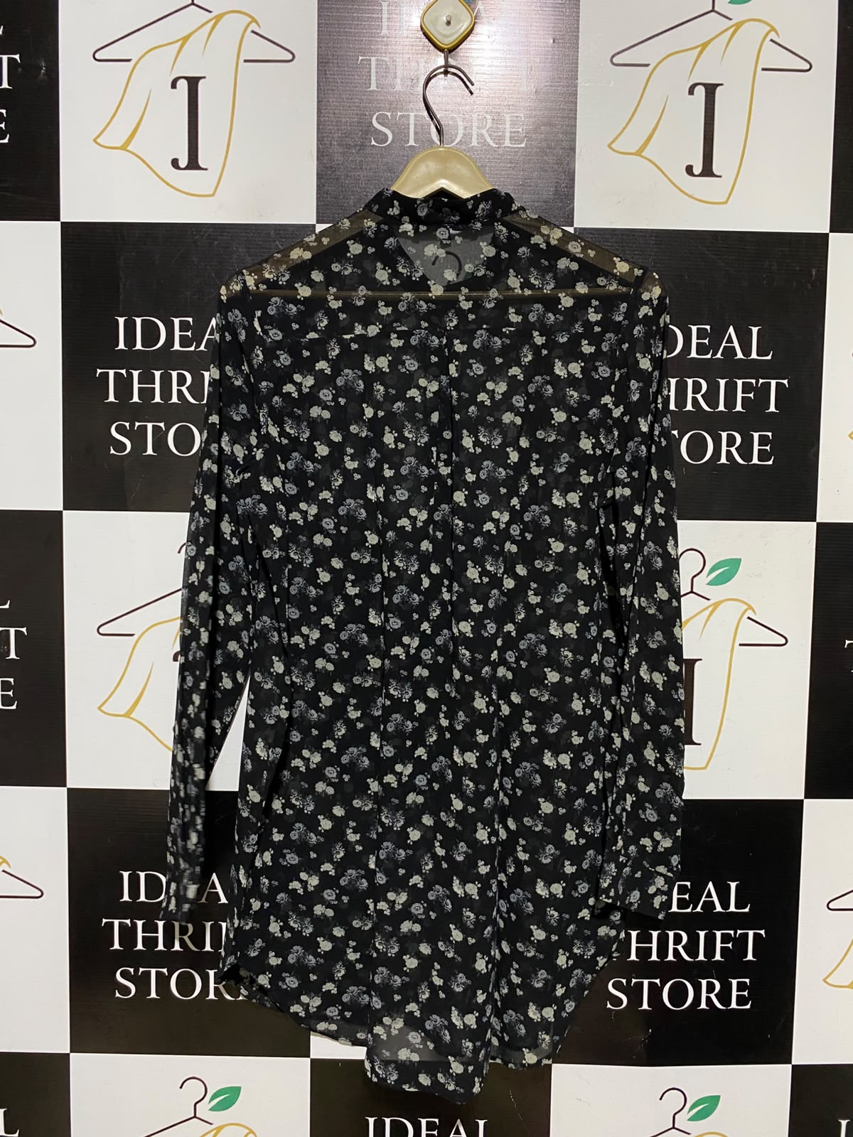 NEXT |M| BUST 20| A3| CHIC SEMI-SHEER BLACK FLORAL BUTTON-DOWN TUNIC SHIRT