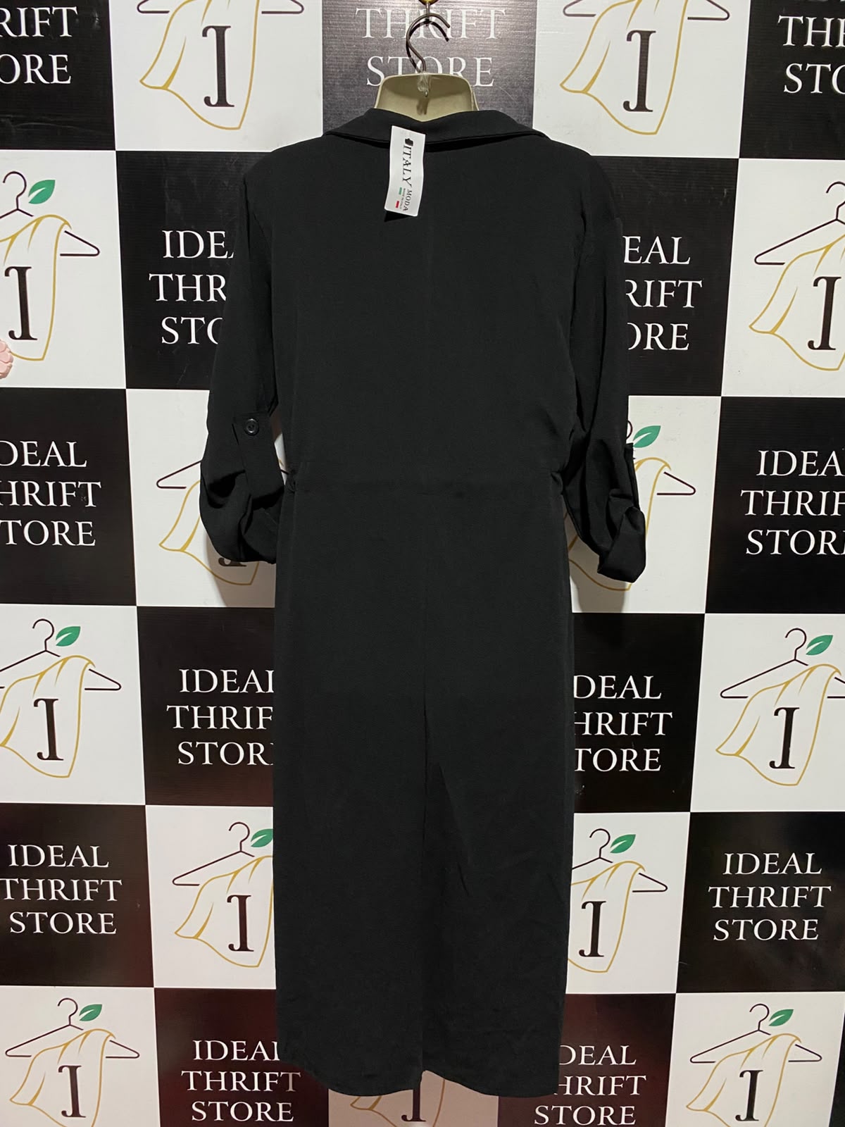 ITALY |L| BUST 21| A2| BLACK LIGHTWEIGHT DRAWSTRING TRENCH DUSTER COAT WITH ROLL-TAB SLEEVES AND POCKETS