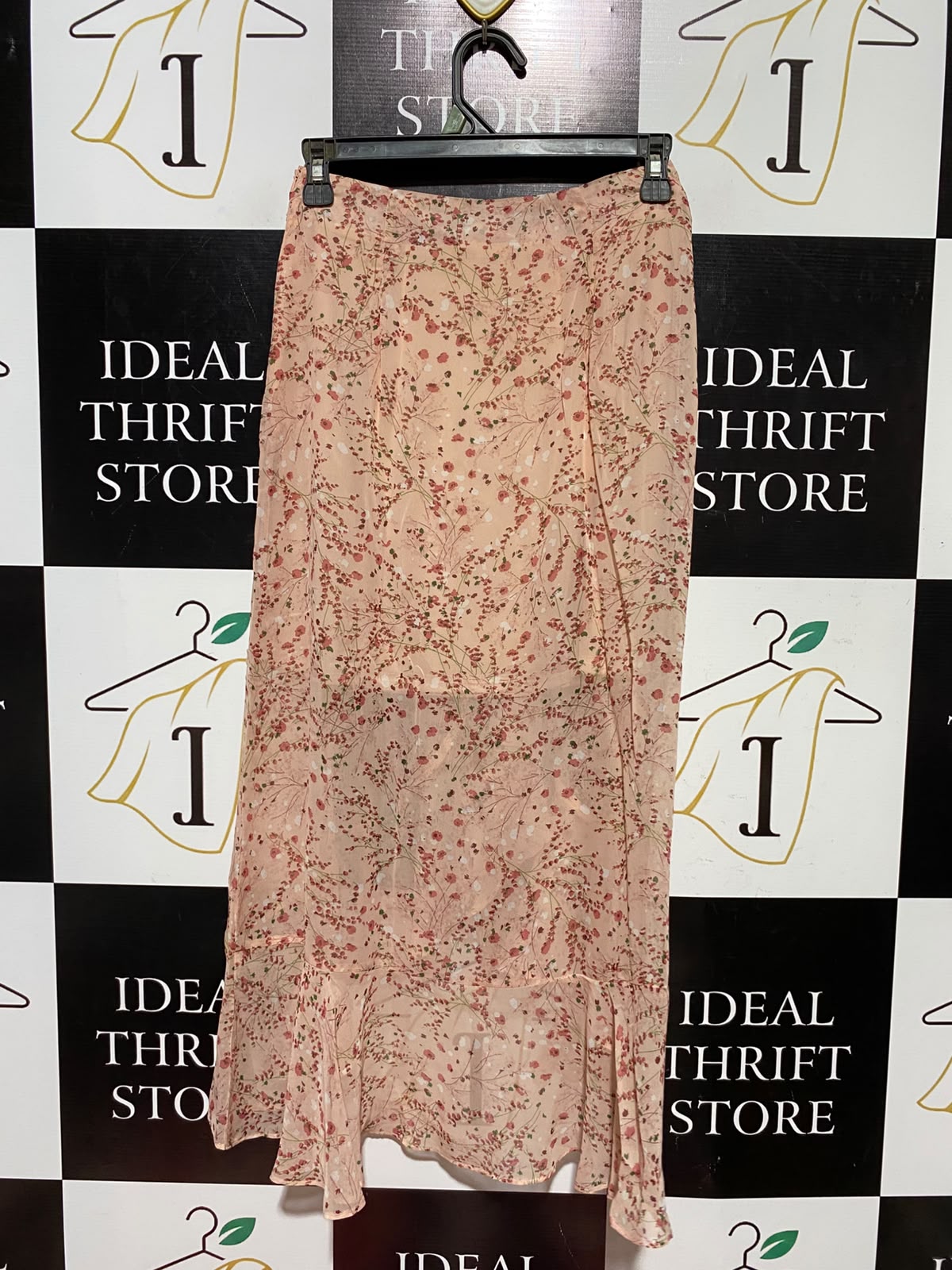 PRETTYLITTLE THING |S| WAIST 25| A2| PEACH FLORAL CHIFFON HIGH-LOW RUFFLE MIDI SKIRT NWT