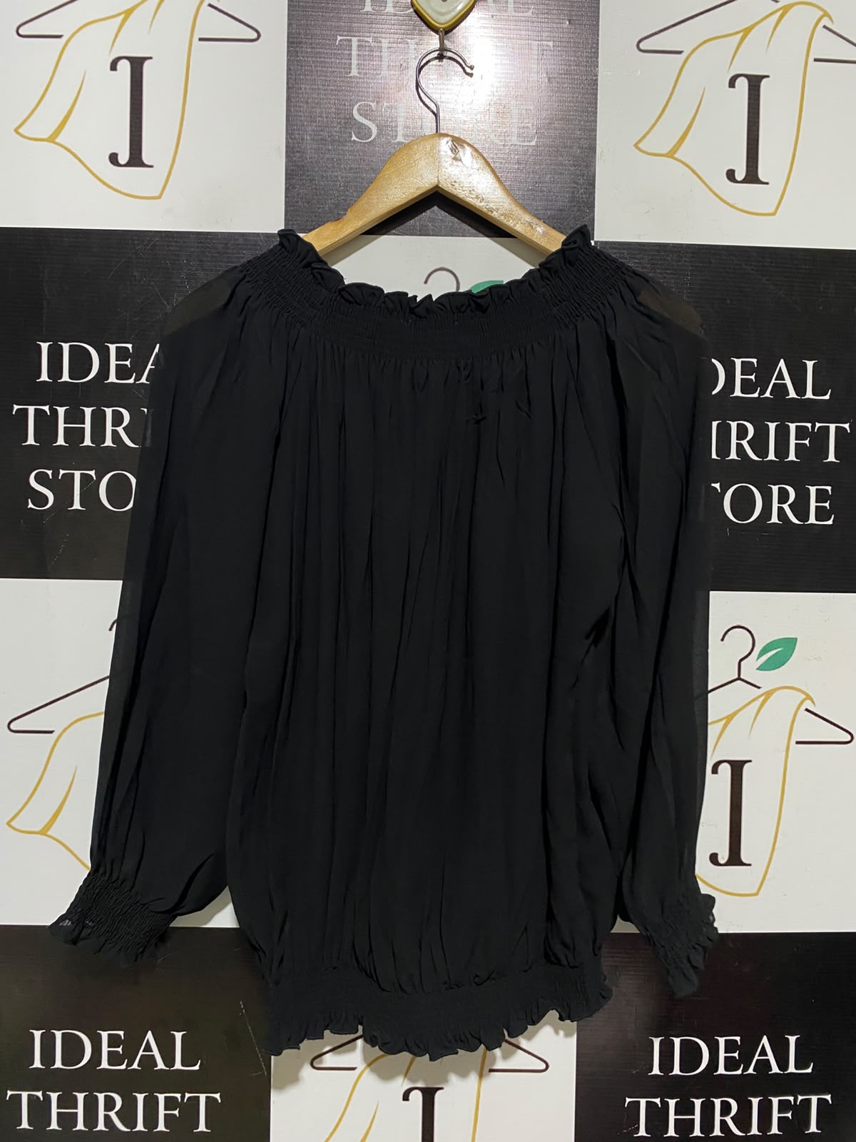 ADIVA |M| BUST 18| A3|BLACK CHIFFON SMOCKED NECK AND WAIST LONG SLEEVE BLOUSE