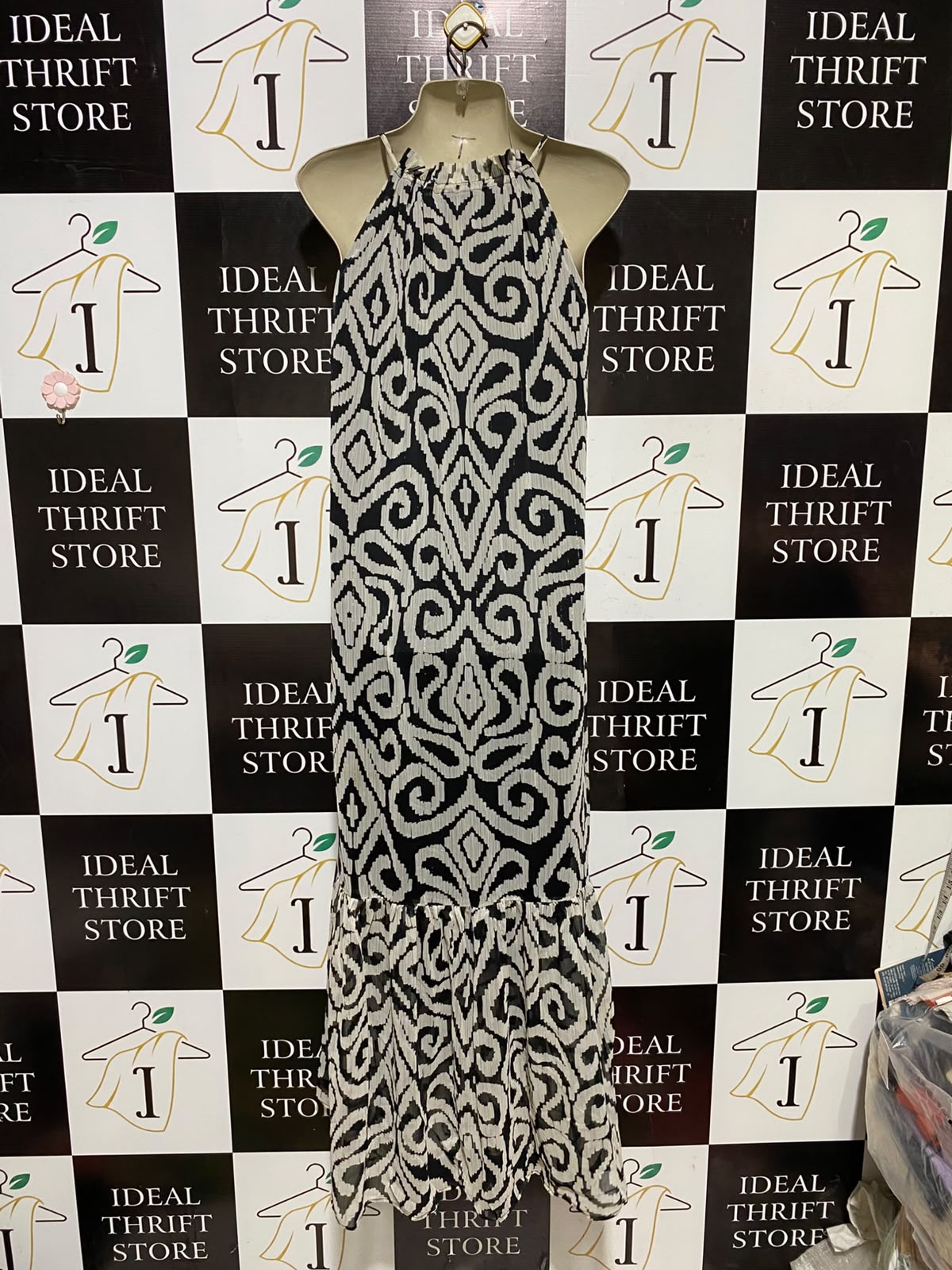 ET VOUS |M| BUST 22| A3| BLACK AND WHITE IKAT DAMASK PRINT HALTER H neck TIERED MAXI DRESS