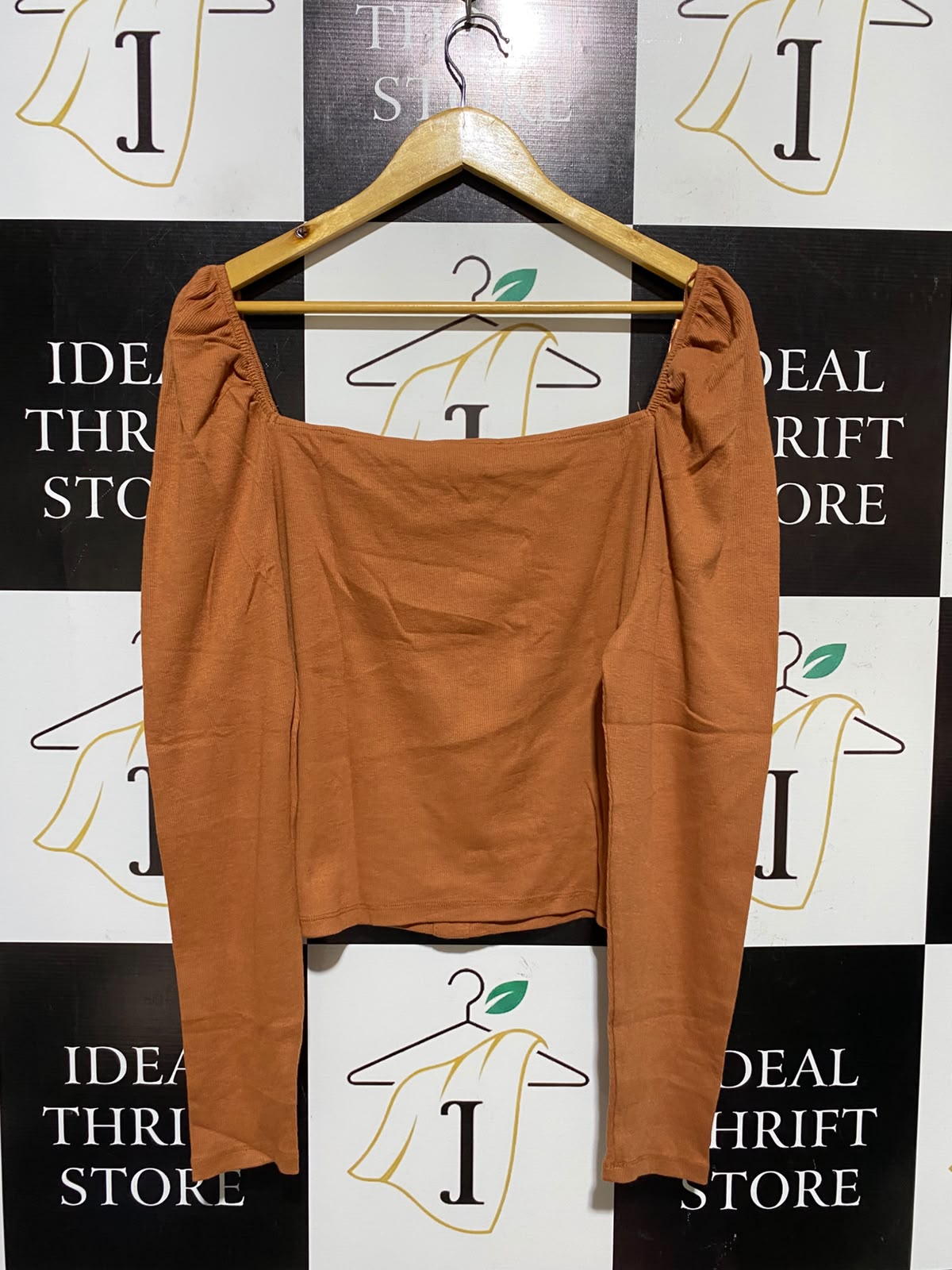 PRIMARK |XL| BUST 21| A3| RUST ORANGE RIBBED SQUARE NECK BUTTON FRONT LONG SLEEVE TOP