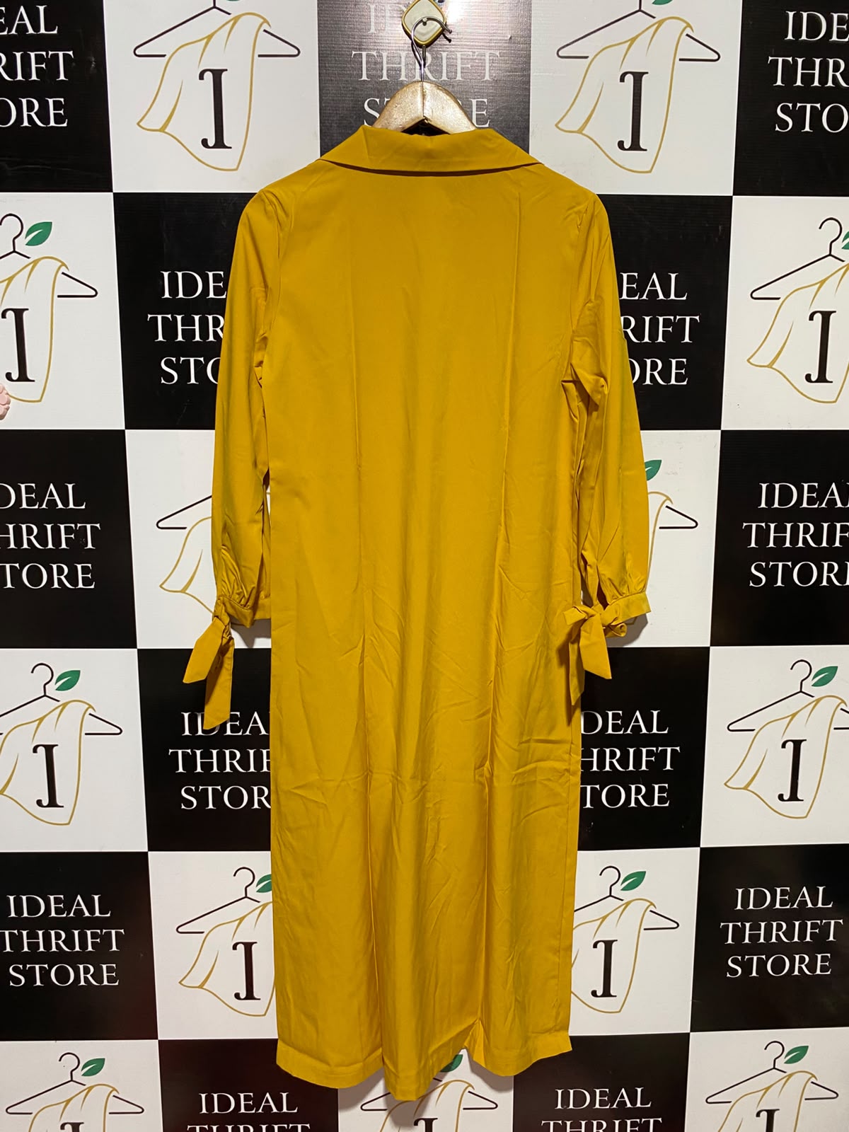 |M| BUST 20| A3| MUSTARD YELLOW NOTCH LAPEL TIE-CUFF BUTTON-FRONT TRENCH SHIRT DRESS