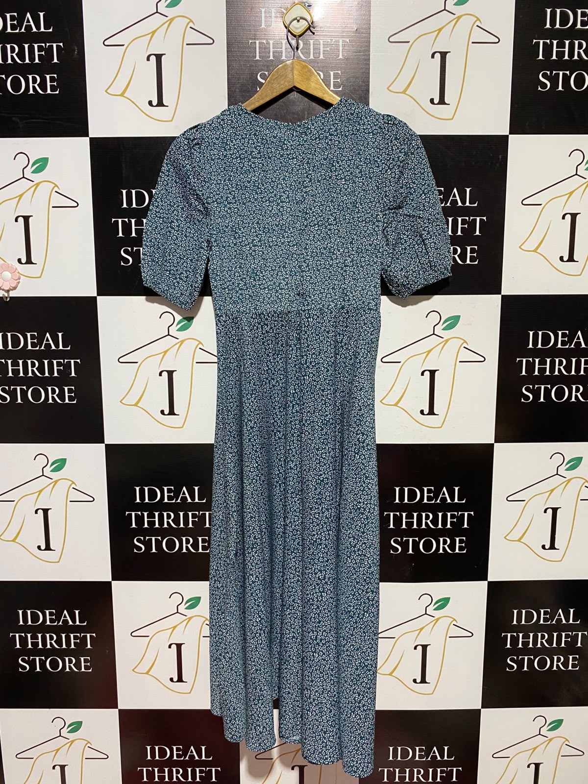 SHEIN |XS| BUST 16| A3| TEAL GREEN DITSY FLORAL V-NECK SHORT PUFF SLEEVE MIDI DRESS