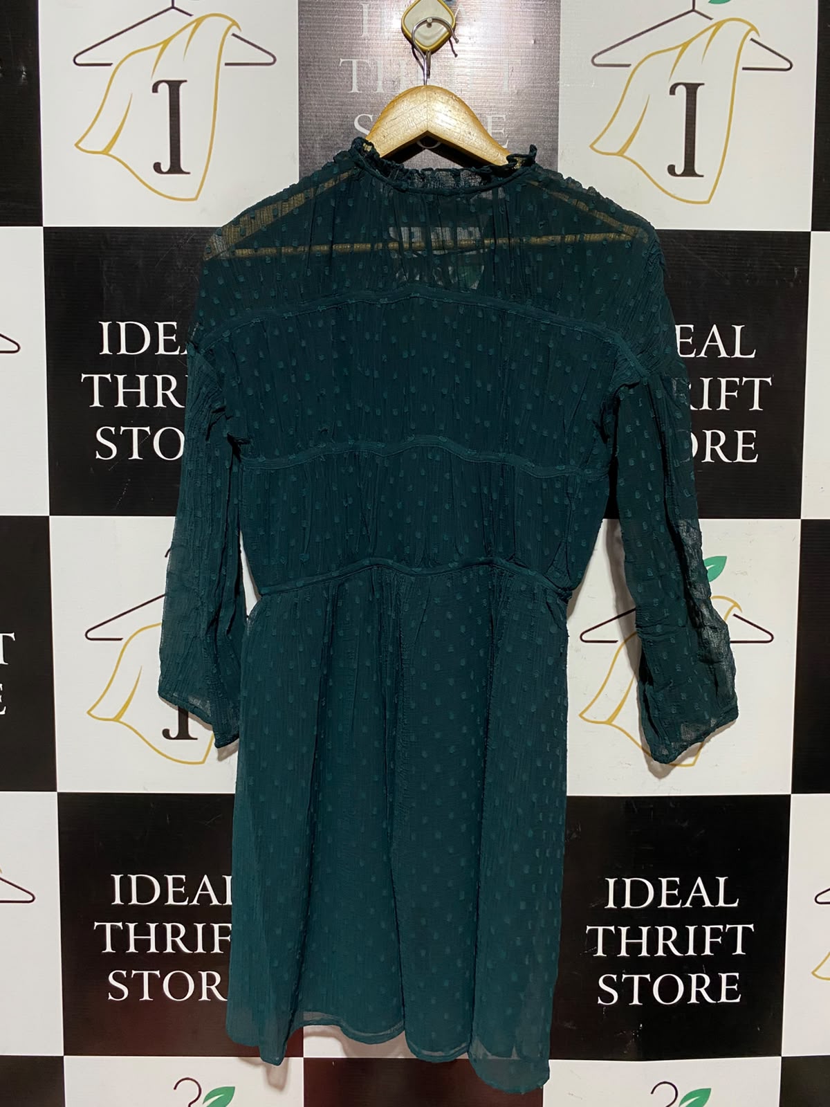 ZARA |XS| BUST 17| A3| DEEP TEAL GREEN SWISS DOT TASSEL TIE MINI DRESS