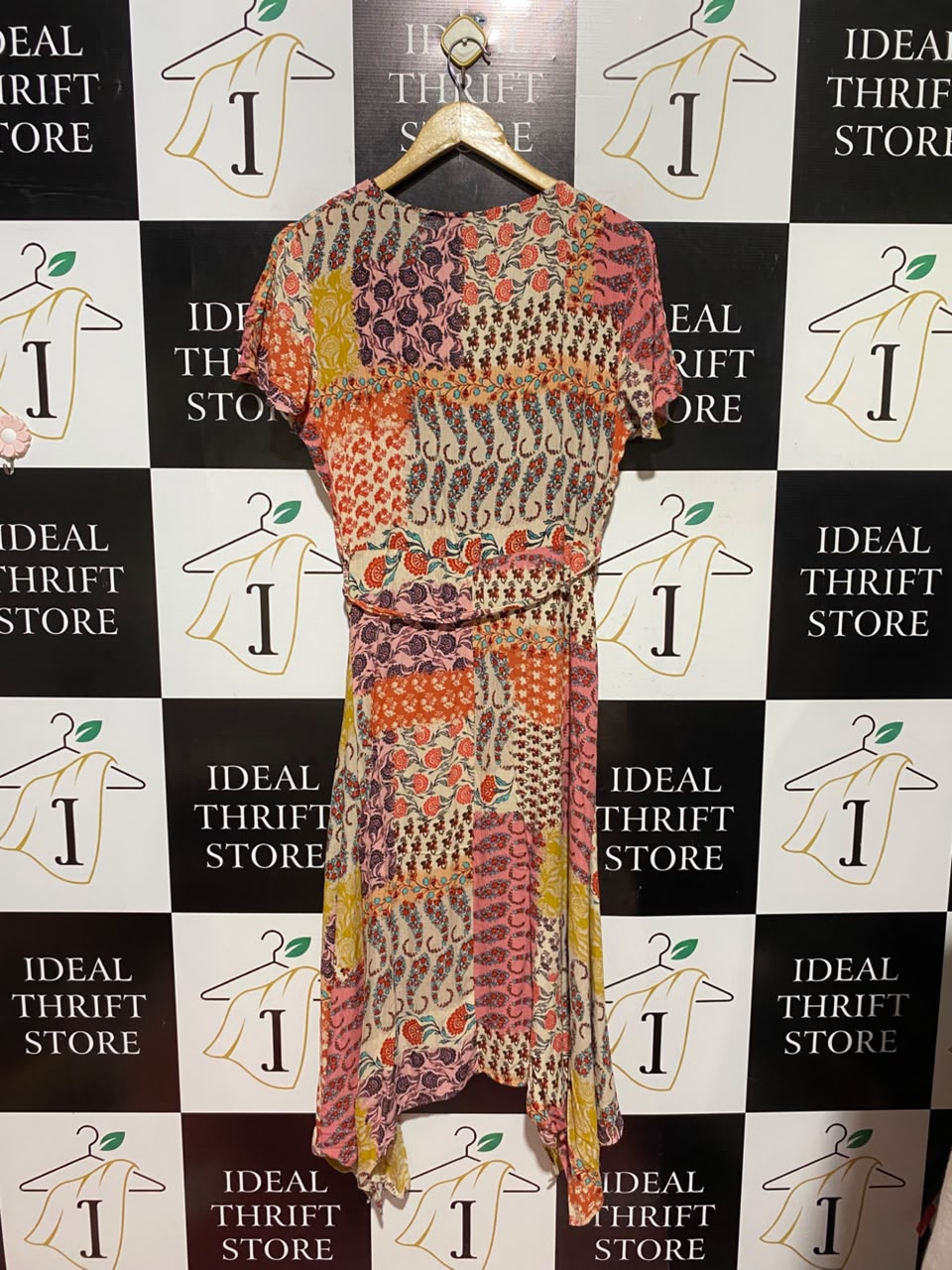 F&F |M| BUST 18| A3| MULTICOLOR BOHO FLORAL PATCHWORK V-NECK HANKY HEM MIDI DRESS WITH TIE WAIST