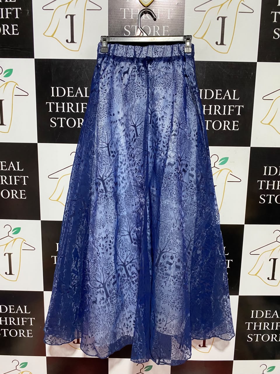 |XS| WAIST 25| A4| ELEGANT BLUE FOREST-PRINT MAXI SKIRT