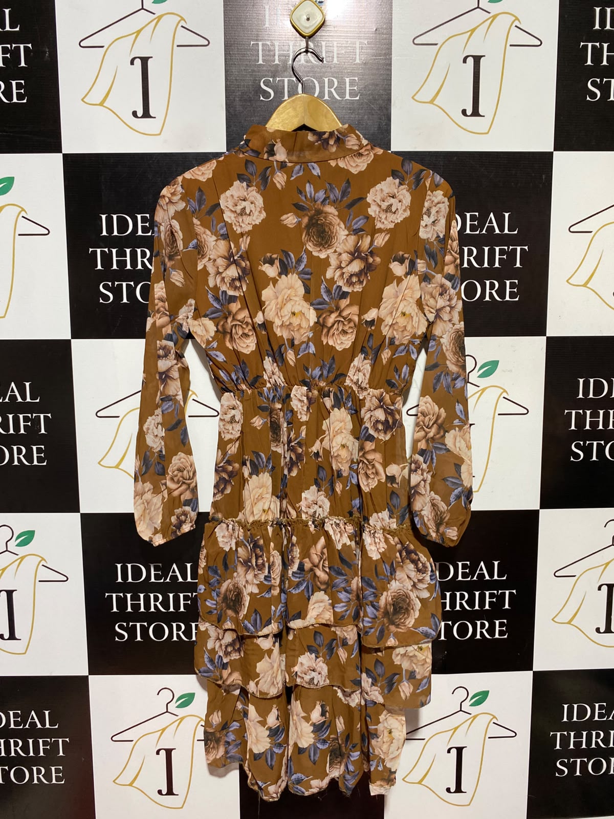 |M| BUST 16| A4| BROWN FLORAL PRINT TIERED DRESS CHIC VINTAGE-INSPIRED LONG-SLEEVE FLORAL DRESS