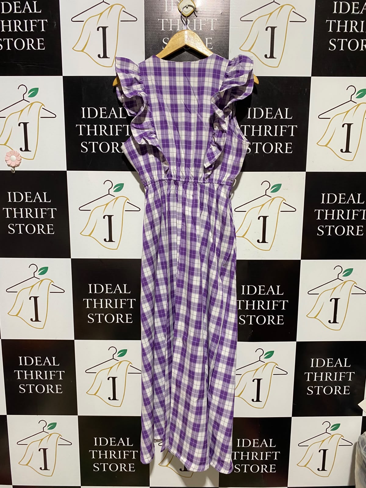 |M| BUST 18| A4| CHIC PURPLE AND WHITE PLAID RUFFLE-DETAIL DRESS