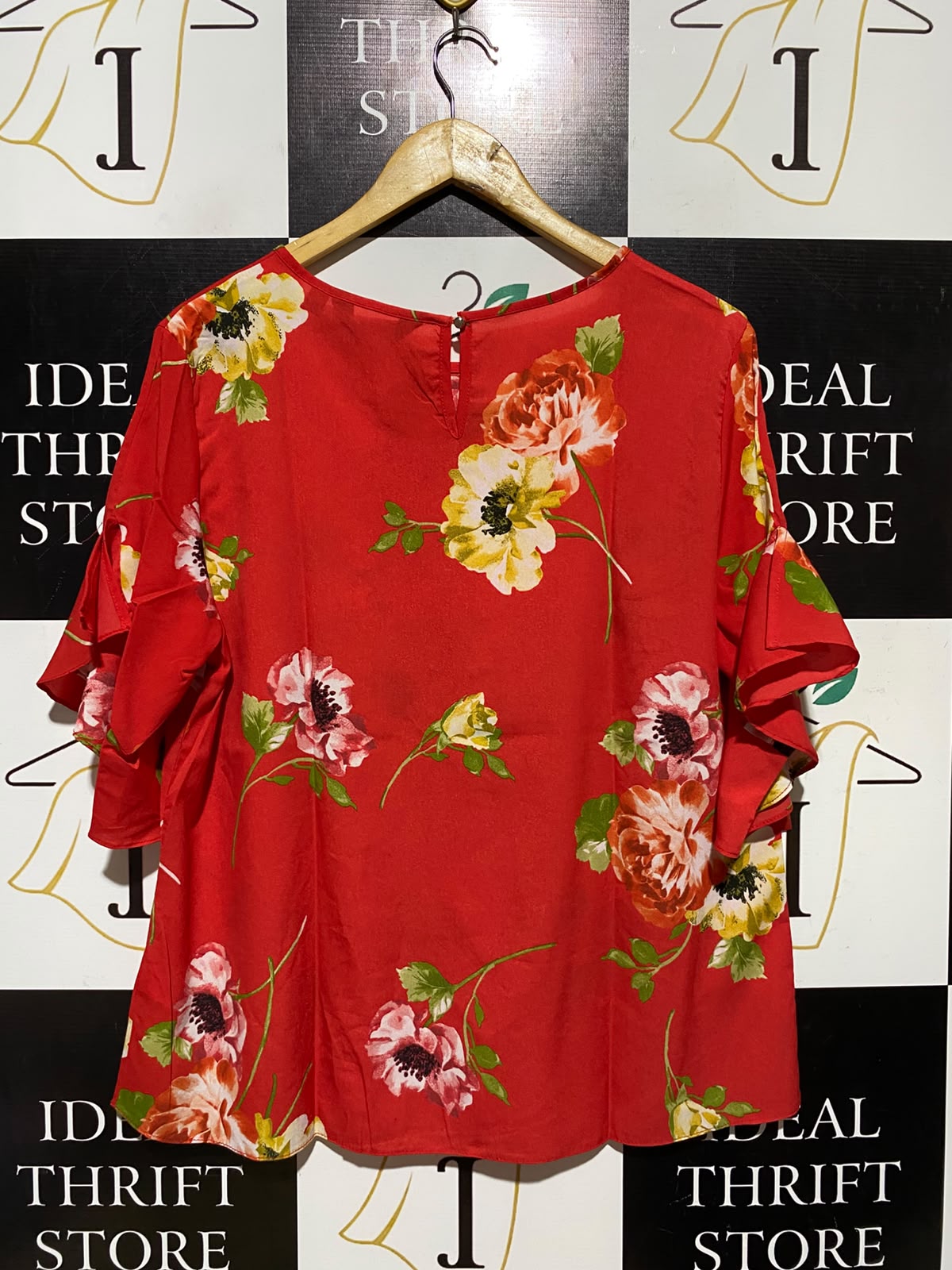 DOROTHY PERKINS |M| BUST 22| A4| VIBRANT RED FLORAL PRINT RUFFLE-SLEEVE TOP