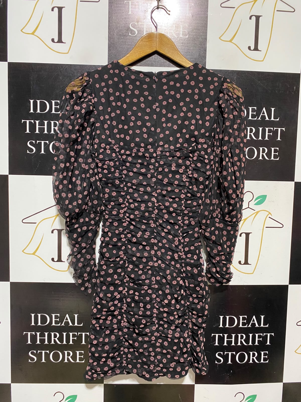 ZARA |S| BUST 14| A4| CHIC BLACK AND DUSTY PINK FLORAL RUCHED DRESS