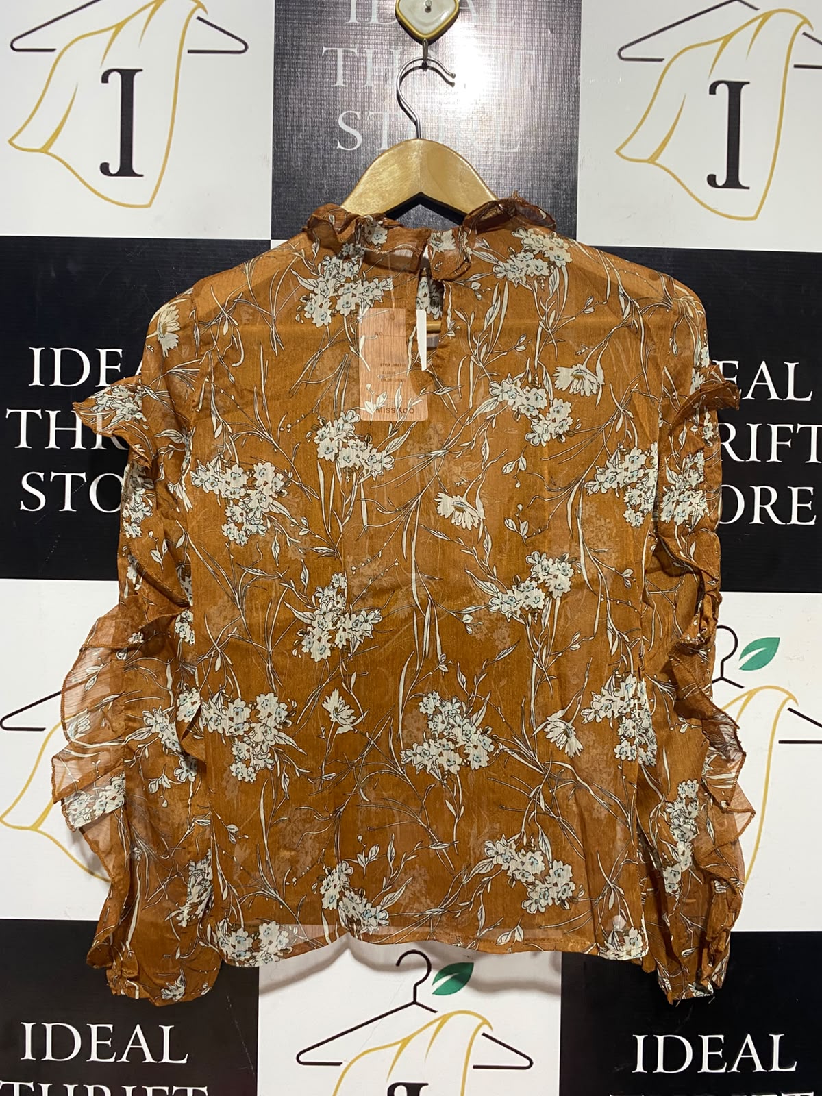 MISSKOO |L| BUST 19| A5| RUST ORANGE FLORAL PRINT RUFFLED LONG-SLEEVE BLOUSE
