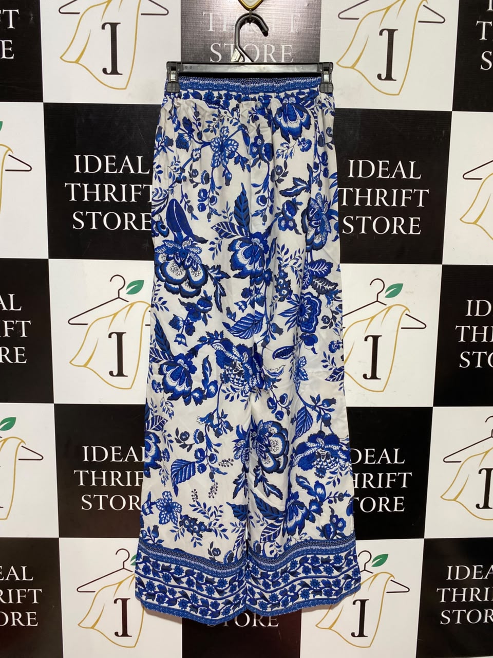 SHEIN |S| WAIST 22| A5| BLUE AND WHITE FLORAL PRINT WIDE-LEG PALAZZO PANTS - BOHO BEACH TROUSERS
