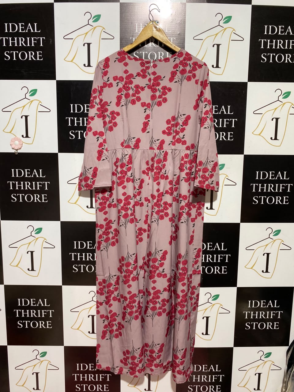SHEIN |L| BUST 20| A5| DUSTY PINK & RED FLORAL PRINT LONG-SLEEVE MAXI DRESS