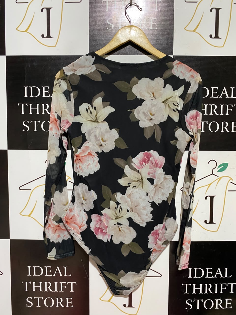 GEORGE |M| BUST 16| A5| FLORAL MESH LONG-SLEEVE BODYSUIT - BLACK CREW-NECK FLORAL PRINT TOP