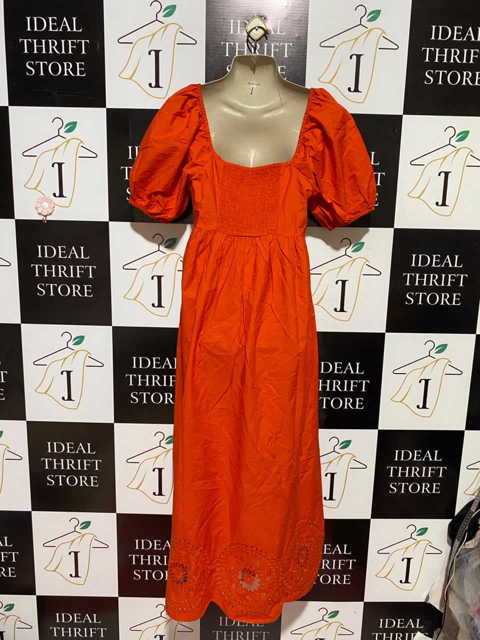 PRIMARK |M| BUST 17| A5| ORANGE RED PUFF-SLEEVE EMBROIDERED MAXI DRESS - TIE-FRONT SCHIFFLI HEM DRESS