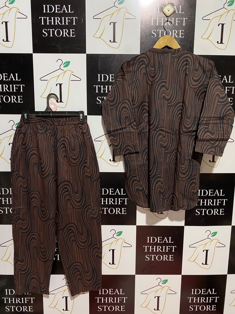 KHAADI |S| A5| BROWN ABSTRACT PRINT 2-PIECE CO-ORD SET - LONG TUNIC & MATCHING TROUSERS