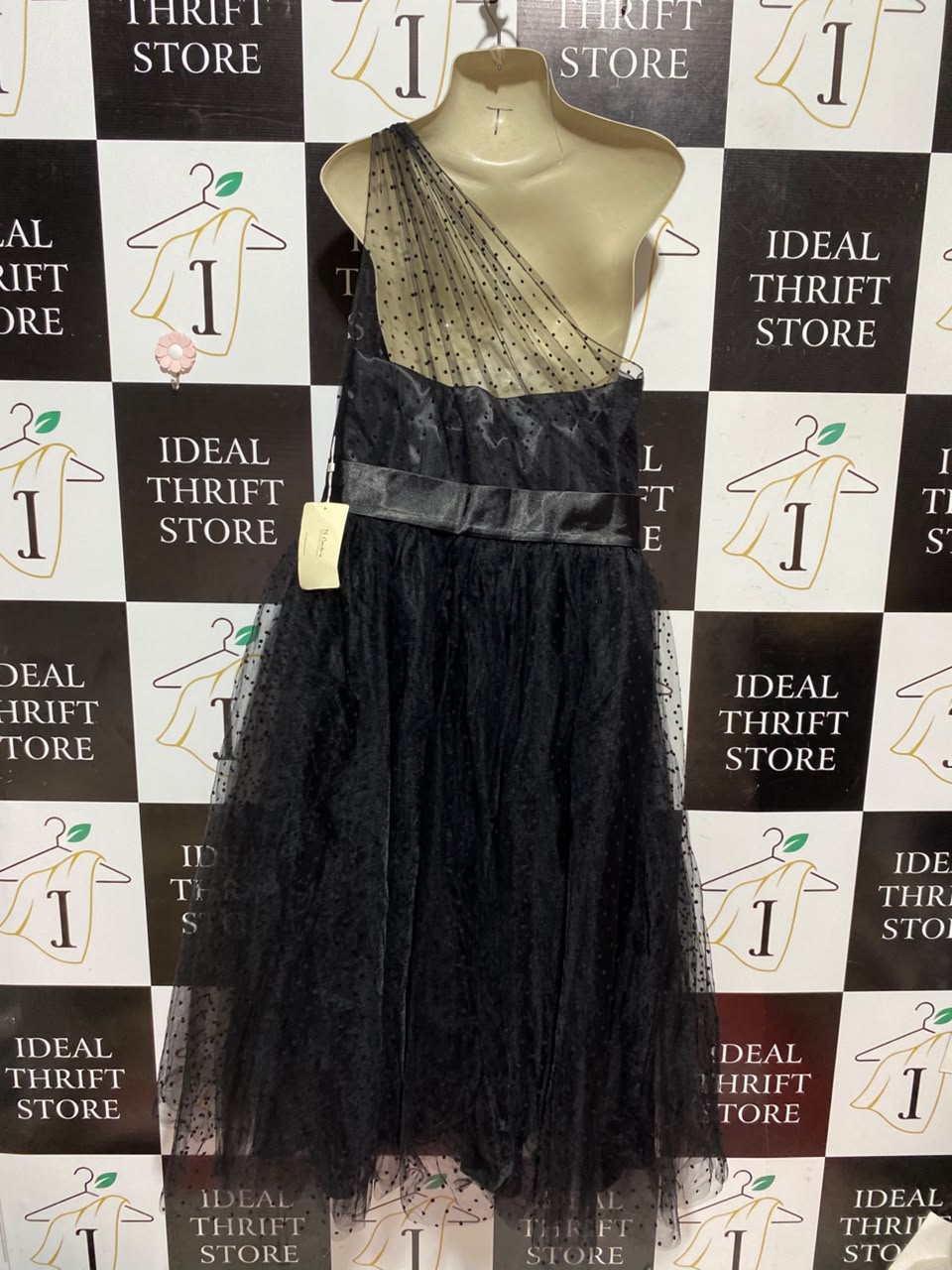TS COUTURE |M| BUST 18| A5| BLACK ONE-SHOULDER POLKA DOT TULLE PARTY DRESS - SATIN WAISTBAND MIDI EVENING GOWN