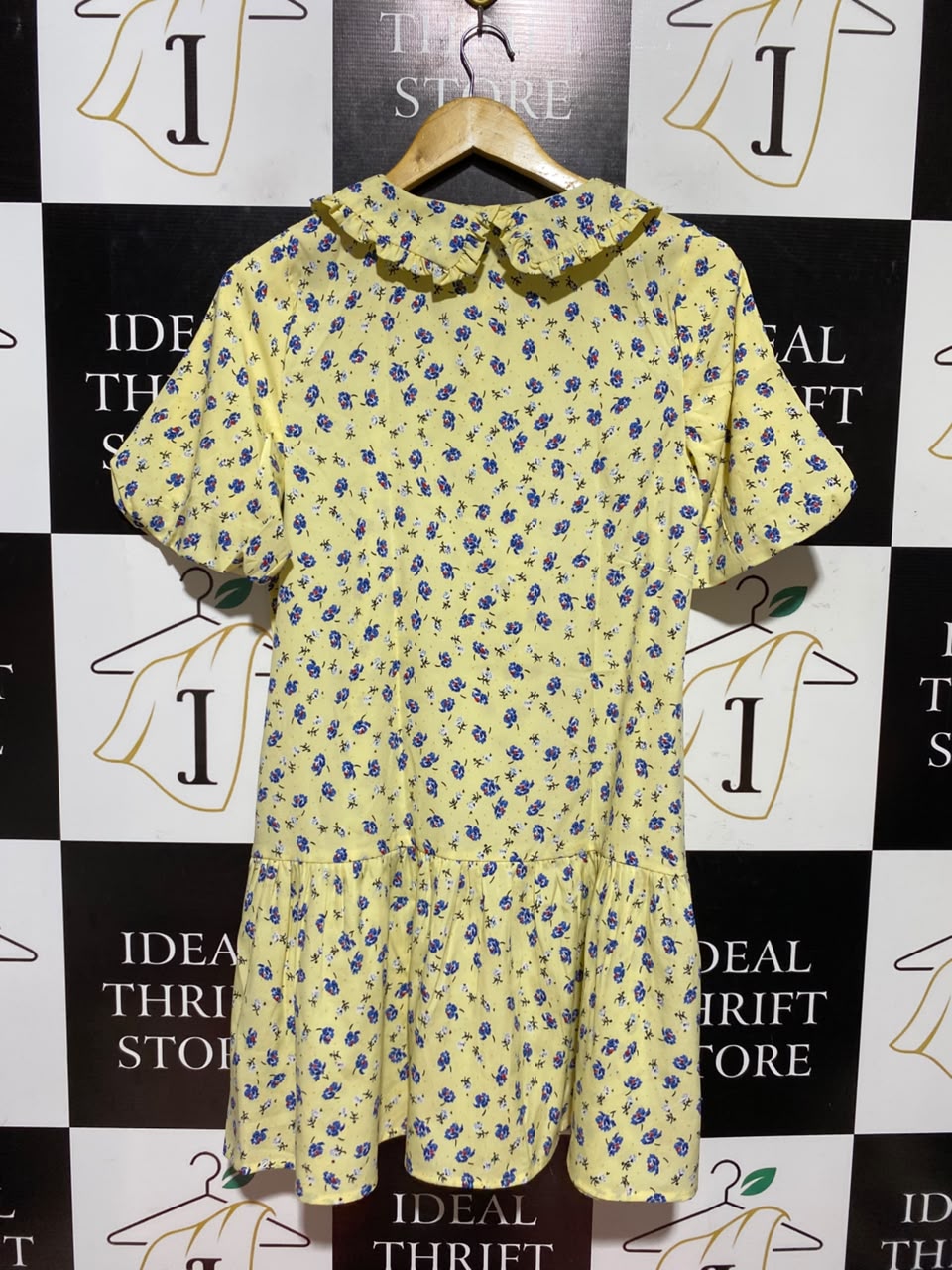 INFLUENCE |M| BUST 18| A5| YELLOW FLORAL PRINT PETER PAN COLLAR SHIFT DRESS - RUFFLED DROP-WAIST MINI DRESS