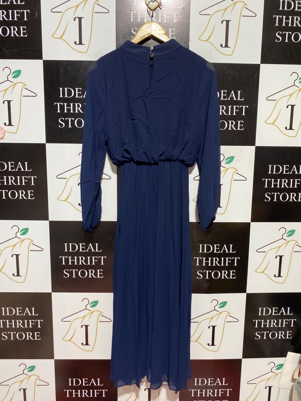 BLUE VANILLA |S| BUST 17| A5| NAVY BLUE CHIFFON HIGH-NECK MAXI DRESS - LONG BALLOON SLEEVED PLEATED EVENING DRESS