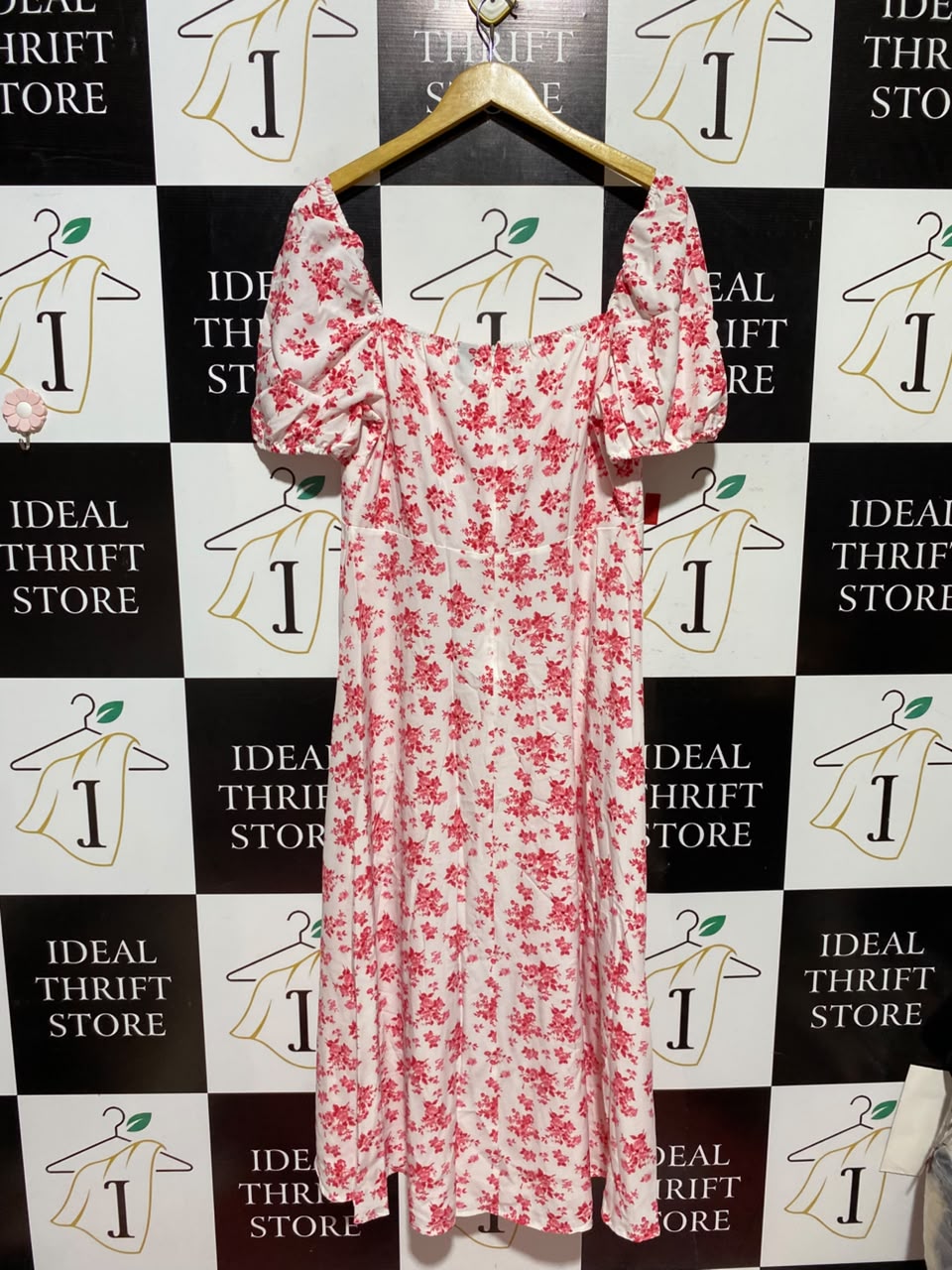 SHEIN |XL| BUST 18| A5| PINK FLORAL PRINT MILKMAID MIDI DRESS - PUFF SLEEVE SWEETHEART DRESS