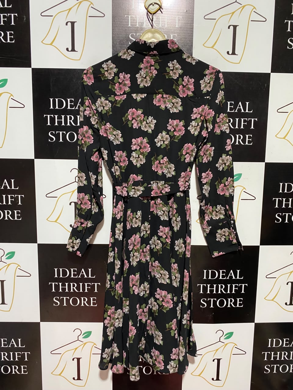 NANETTE |M| BUST 17| A5| BLACK PINK FLORAL BELTED SHIRT DRESS - PIN-TUCK LONG SLEEVE MIDI DRESS