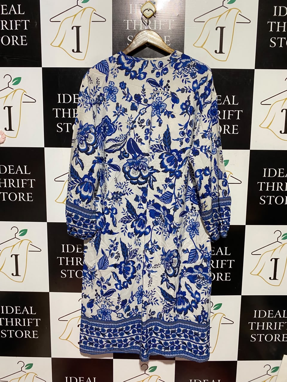 SHEIN |S| BUST 22| A5| BLUE & WHITE FLORAL PRINT OPEN-FRONT KIMONO CARDIGAN - LONG BEACH COVER-UP DRESS