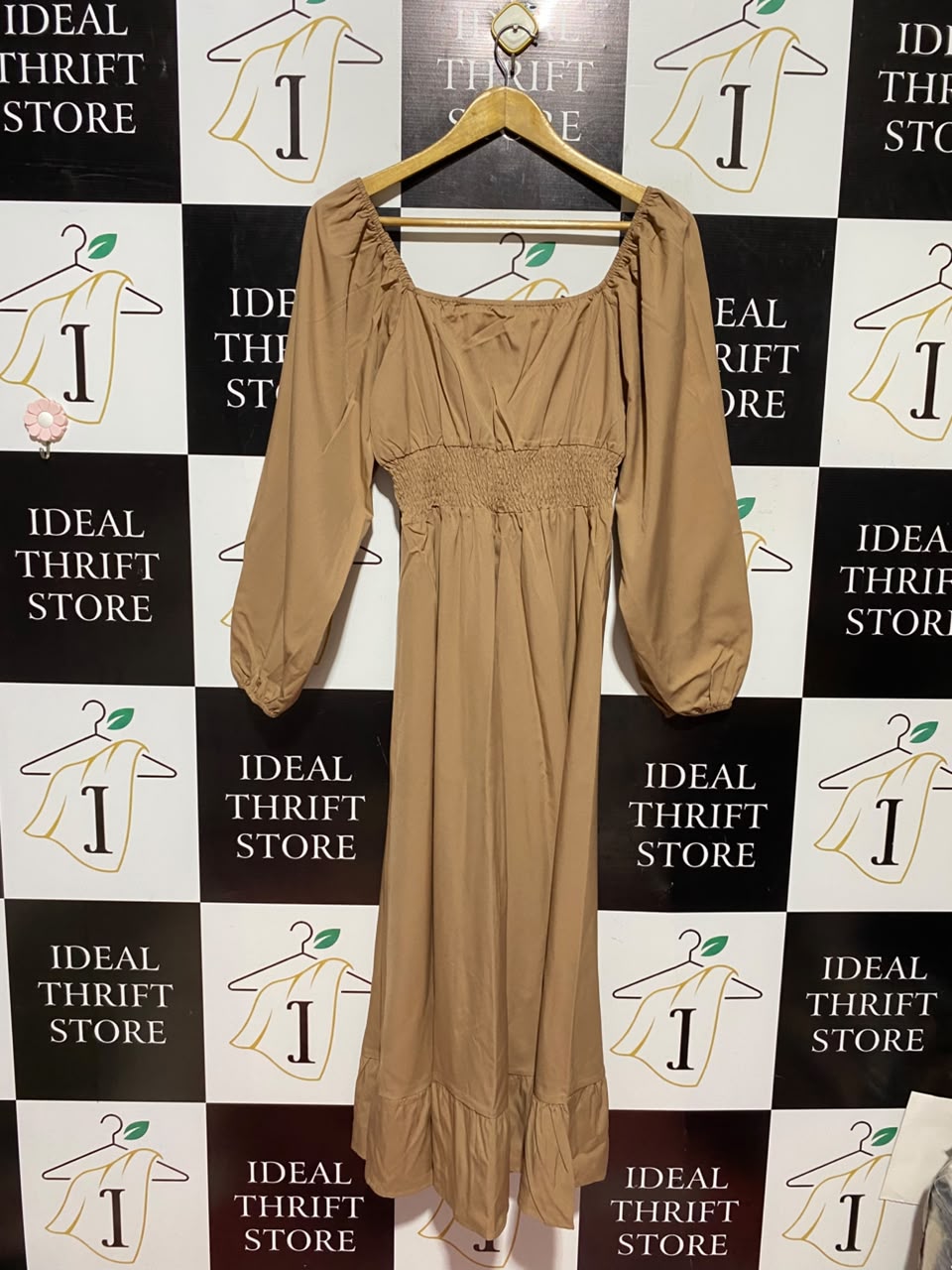 |S| BUST 15| A5| CAMEL BROWN SQUARE-NECK SMOCKED MAXI DRESS - LONG SLEEVE BOHO RUFFLE-HEM DRESS
