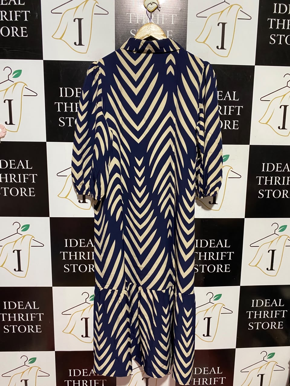 SHEIN |L| BUST 21| A6| NAVY & BEIGE ZEBRA STRIPE BUTTON-DOWN SHIRT DRESS