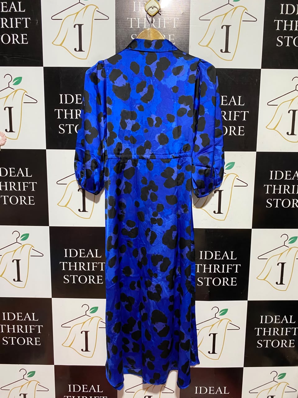 NEW LOOK |S| BUST 16| A6| ROYAL BLUE ANIMAL PRINT SATIN SHIRT DRESS
