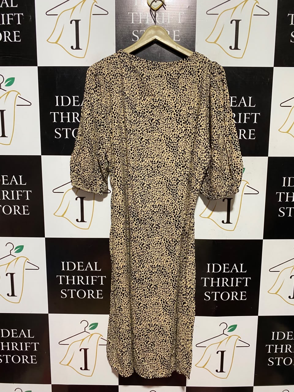 DOROTHY PERKINS |M| BUST 21| A6| BEIGE ANIMAL PRINT PUFF SLEEVE MIDI DRESS - BUTTON-FRONT CASUAL DRESS