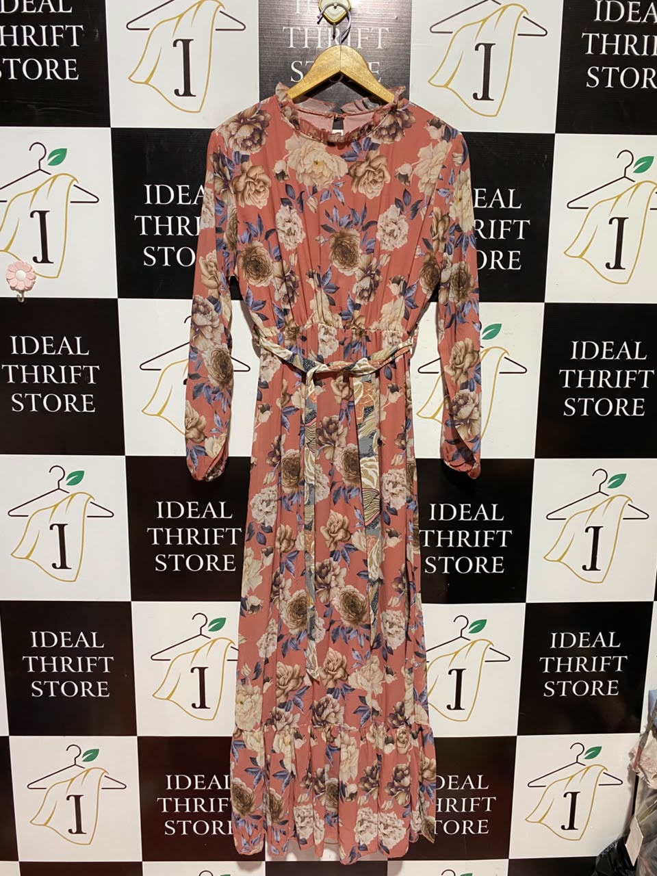 |S| BUST 16| A6| CORAL FLORAL PRINT HIGH-NECK MAXI DRESS