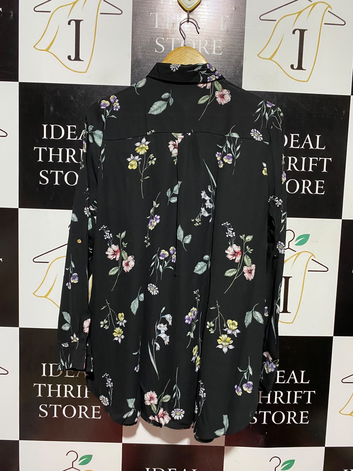 PRIMARK |L| BUST 22| A7| BLACK FLORAL PRINT LONG-SLEEVE BUTTON-DOWN TUNIC BLOUSE