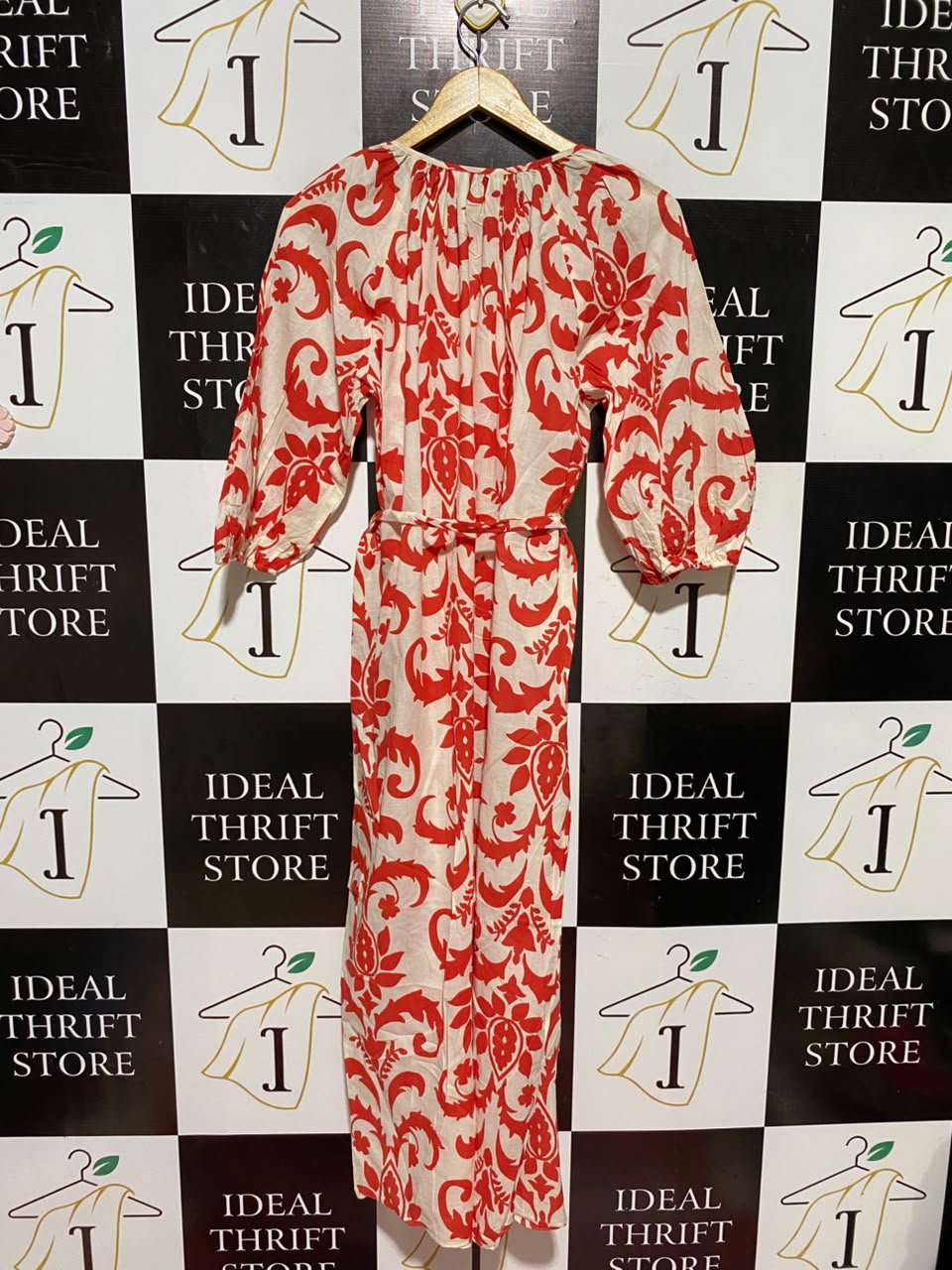 NEXT |M| BUST FREE| A7| RED AND CREAM DAMASK PRINT TIE-WAIST MAXI DRESS