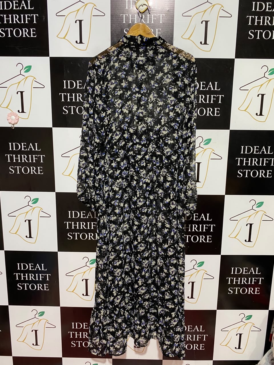 NEXT |XL| BUST 22| A7| BLACK FLORAL PRINT CHIFFON BUTTON-FRONT MAXI SHIRT DRESS