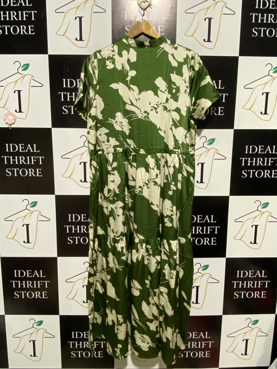 NEW LOOK |L| BUST 20| A7| EMERALD GREEN FLORAL PRINT MANDARIN COLLAR TIERED MAXI DRESS