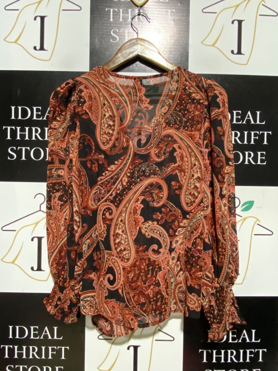 SHEIN |S| BUST 18| A7| RUST AND BLACK VINTAGE PAISLEY PRINT CHIFFON BLOUSE