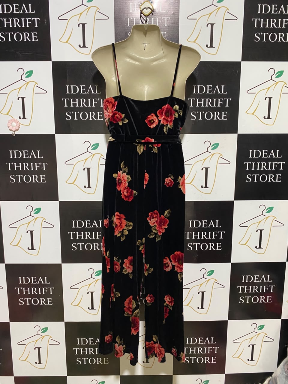 PRIMARK |M| BUST 30| A7| BLACK VELVET RED FLORAL PRINT CAMI BELTED JUMPSUIT